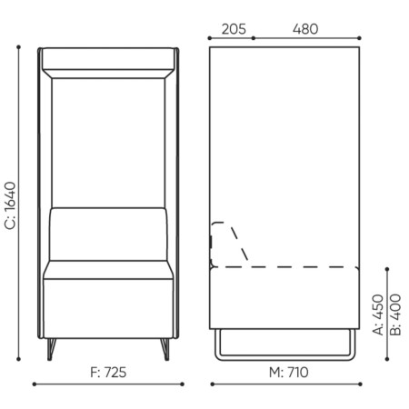 Dimensions du fauteuil Quadra avec isolement phonique, vues face et profil – Quadra