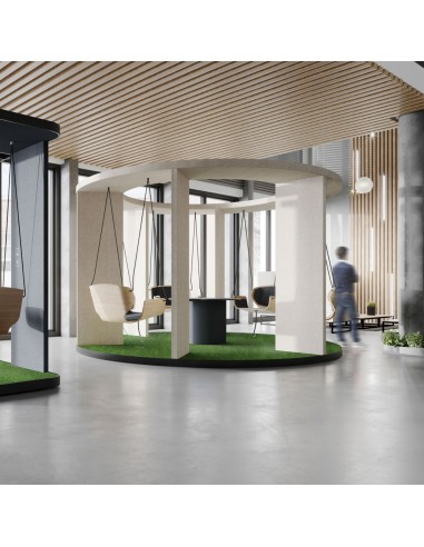 Social Swing circulaire blanc avec assises vertes dans un bureau lumineux – Social Swing