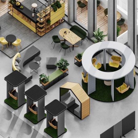 Vue générale d’un Social Swing circulaire vert dans un espace intérieur – Social Swing