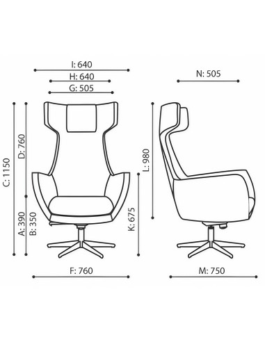 Dimensions du fauteuil Umm avec vues face et profil – Umm