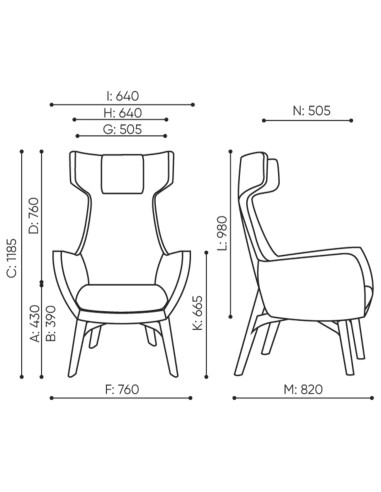 Dimensions du fauteuil Umm avec vues face et profil – Umm