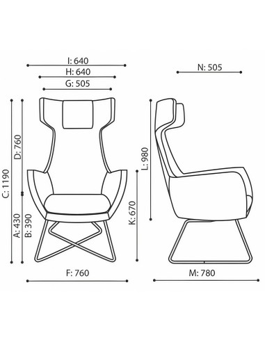 Dimensions du fauteuil Umm avec vues face et profil – Umm