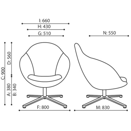 Plan technique du fauteuil Vieni, vues face et profil – Vieni