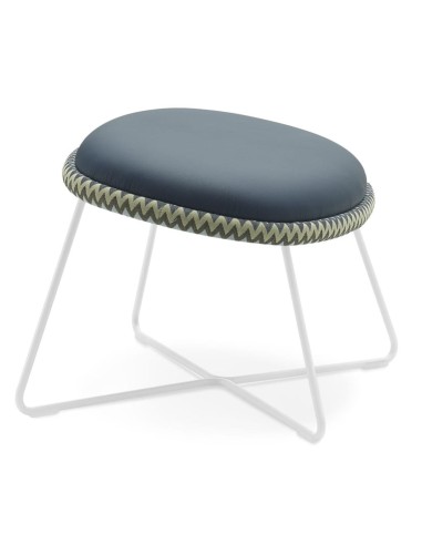 Repose-pieds Vieni bleu avec tissu bordure graphique, piètement métal blanc – Vieni