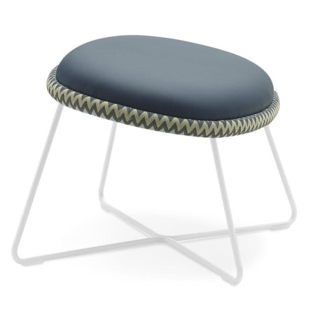 Repose-pieds Vieni bleu avec tissu bordure graphique, piètement métal blanc – Vieni