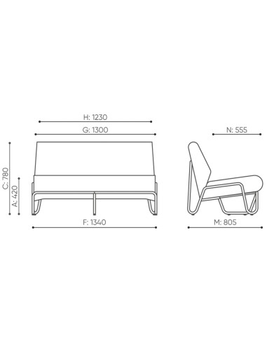 Dimensions de la banquette Clip, vues face et profil – Clip
