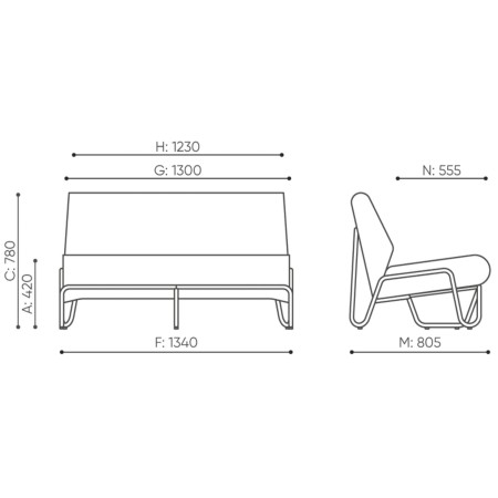 Dimensions de la banquette Clip, vues face et profil – Clip