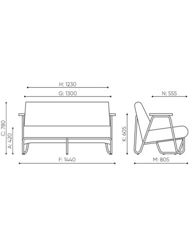 Dimensions de la banquette Clip, vues face et profil – Clip