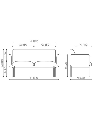 Dimensions de la banquette Fora Care, vues face et profil – Fora Care