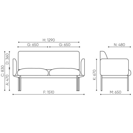Dimensions de la banquette Fora Care, vues face et profil – Fora Care