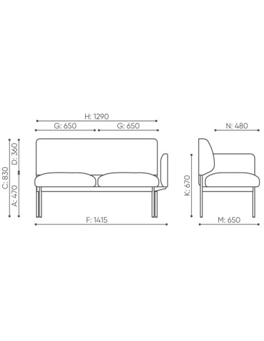 Dimensions de la banquette Fora Care compacte, vues face et profil – Fora Care