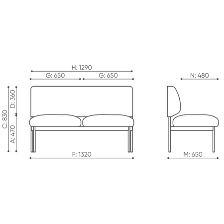 Dimensions de la banquette Fora Care deux places, vues face et profil – Fora Care