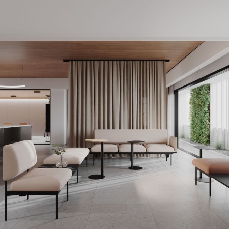 Banquettes Fora Care en tissu beige, agencement en salle d’attente – Fora Care