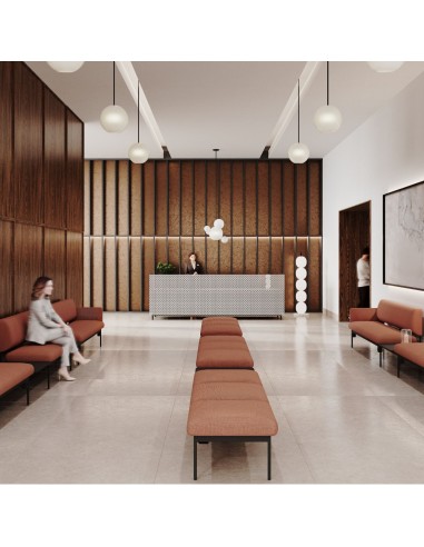 Longue banquette Fora Care en tissu brun dans un espace de conférence – Fora Care