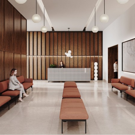 Longue banquette Fora Care en tissu brun dans un espace de conférence – Fora Care