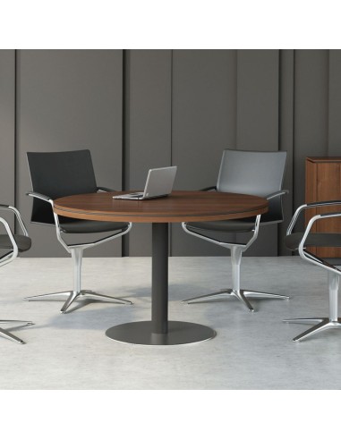 Table de réunion ronde en bois foncé avec piétement noir et siège de travail autour