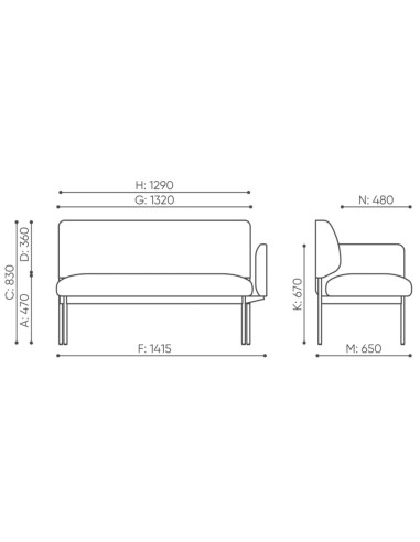 Dimensions du canapé deux places Fora Care avec accoudoir droit – Fora Care