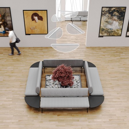 Vue d’ensemble d’un espace galerie avec canapés Fora Care – Fora Care