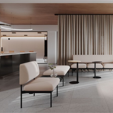 Banquette intégrée dans un espace d’attente moderne – Fora Care