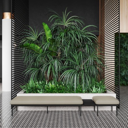Banquette design placée devant un mur végétal – Fora Care
