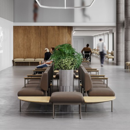 Banquettes modulaires disposées en espace lounge – Fora Care