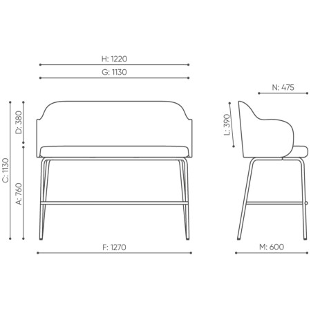 Schéma technique avec dimensions précises du banc – Flos