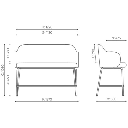 Dimensions détaillées du banc illustrées en schéma – Flos