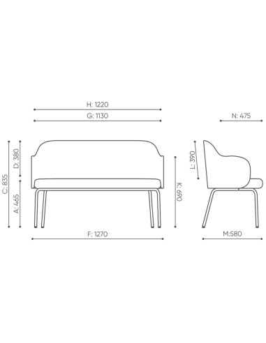 Dimensions techniques du banc Flos présentées en schéma