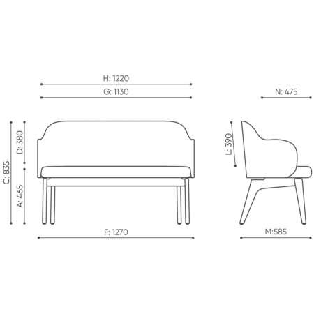 Schéma technique du banc Flos avec dimensions détaillées