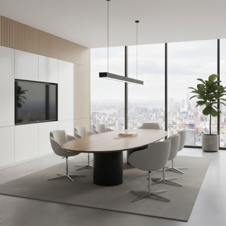 Fauteuils MEG gris design avec piétement étoile avec table de réunion moderne ovale