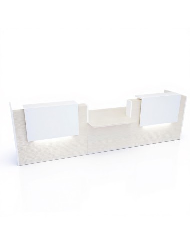 Grand meuble de réception en bois clair et 2 réhausses blanches