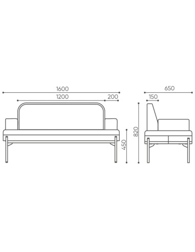 Dimensions vue de côté, dossier arrondi et accoudoirs bas - Leaf Pod
