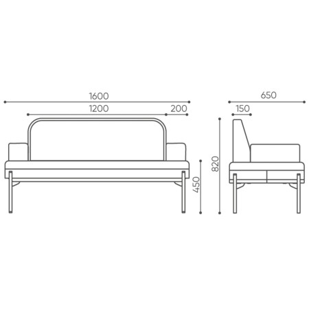 Dimensions vue de côté, dossier arrondi et accoudoirs bas - Leaf Pod