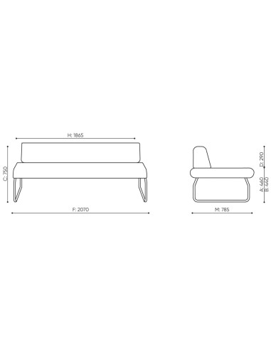 Dimensions du canapé Legvan avec dossier haut et structure fine - Legvan
