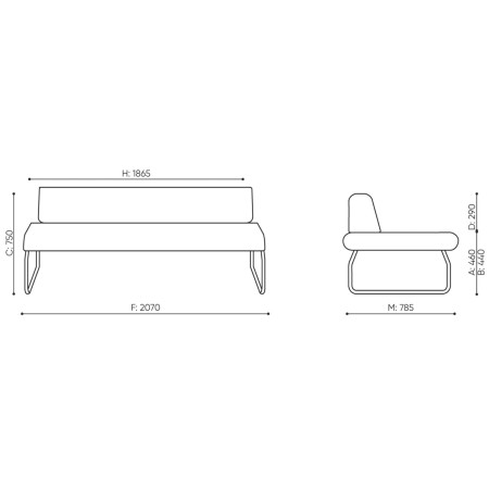 Dimensions du canapé Legvan avec dossier haut et structure fine - Legvan