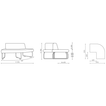 Dimensions de la banquette Legvan avec vue de face et de côté - Legvan