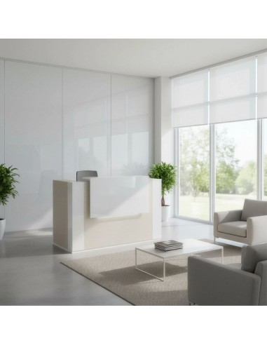 Meuble de réception en bois clair et blanc dans espace lumineux et chaleureux