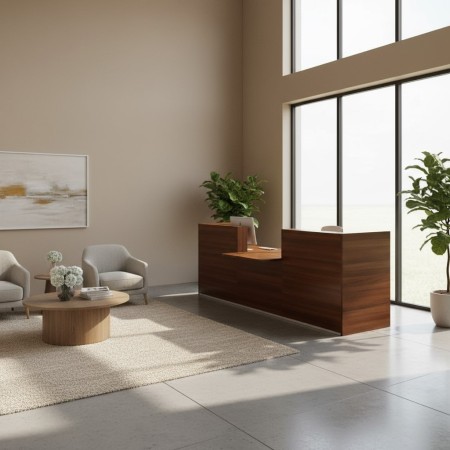 Meuble de réception avec accès PMR au centre en bois foncé