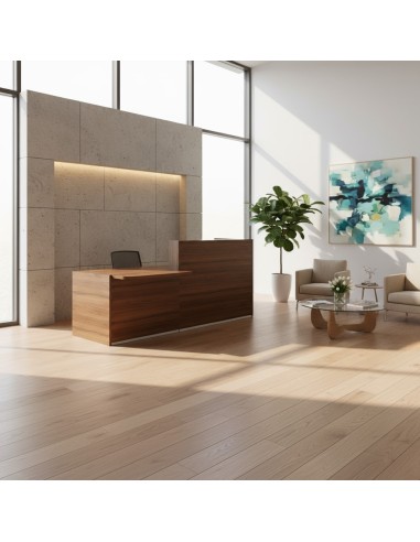 Banque d'accueil avec accès PMR dans lieu lumineux et accueillant