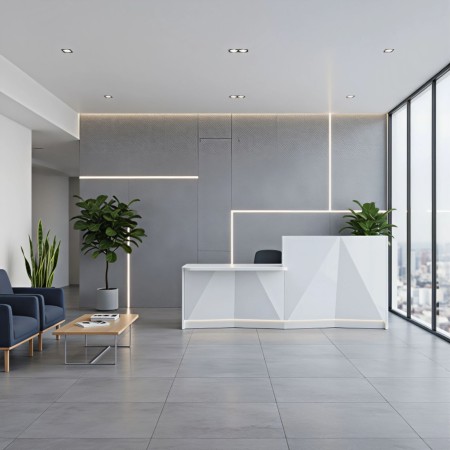 Banque d'accueil blanche dans salle d'attente