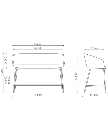 Dimensions banquette avec piètement métallique noir - Ox:co