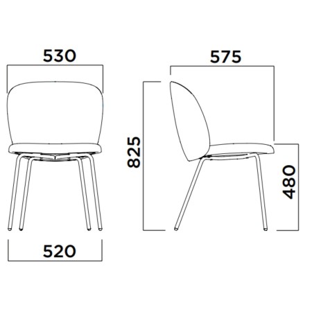 Dimensions chaise tapissée avec piètement métallique - Volta
