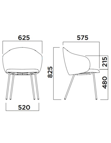 Dimensions chaise tapissée avec piètement métallique - Volta