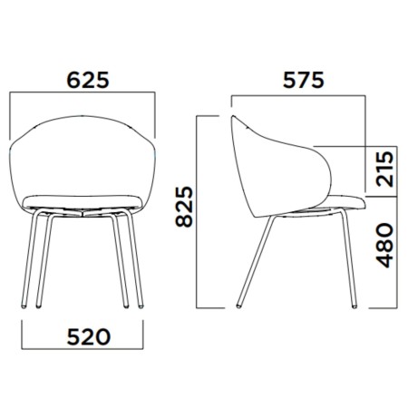 Dimensions chaise tapissée avec piètement métallique - Volta