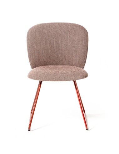 Chaise tapissée rose avec piètement métallique luge cuivre, vue de face - Volta