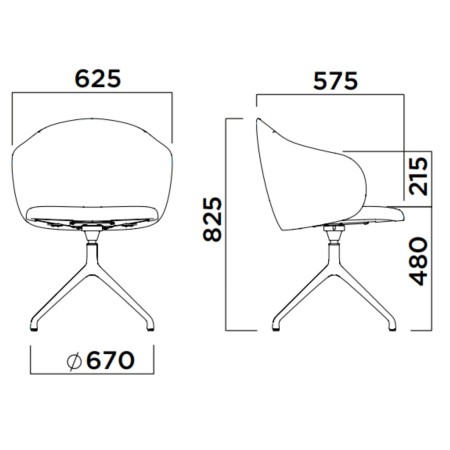 Dimensions de la chaise Volta pivotante avec indication des mesures et proportions - Volta
