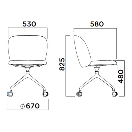 Dimensions de la chaise Volta sur roulettes avec détails des hauteurs et largeurs – Volta