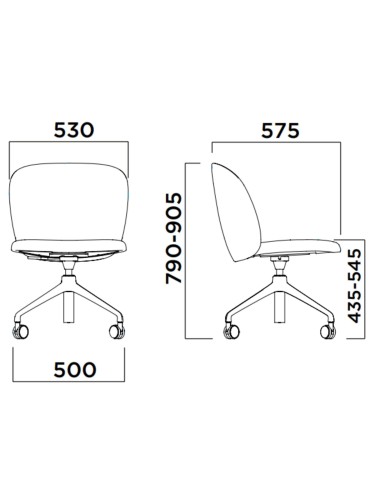 Dimensions de la chaise Volta à roulettes avec hauteur d’assise, profondeur et largeur détaillées – Volta