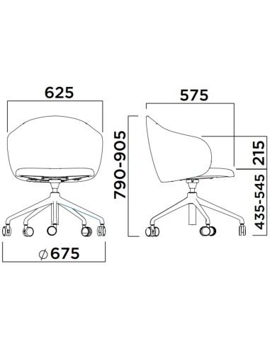 Dimensions précises de la chaise Volta avec piètement à roulettes : hauteur, largeur et profondeur – Volta