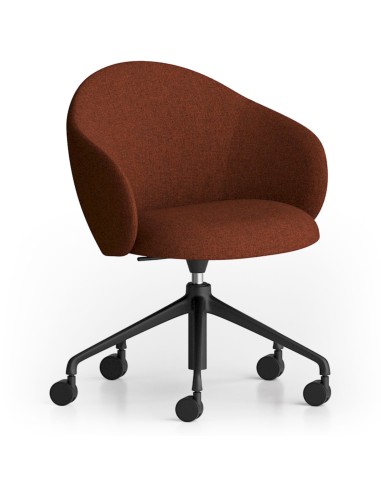 Modèle Volta avec assise et dossier tapissés en rouge brique, piètement noir à cinq branches équipé de roulettes – Volta